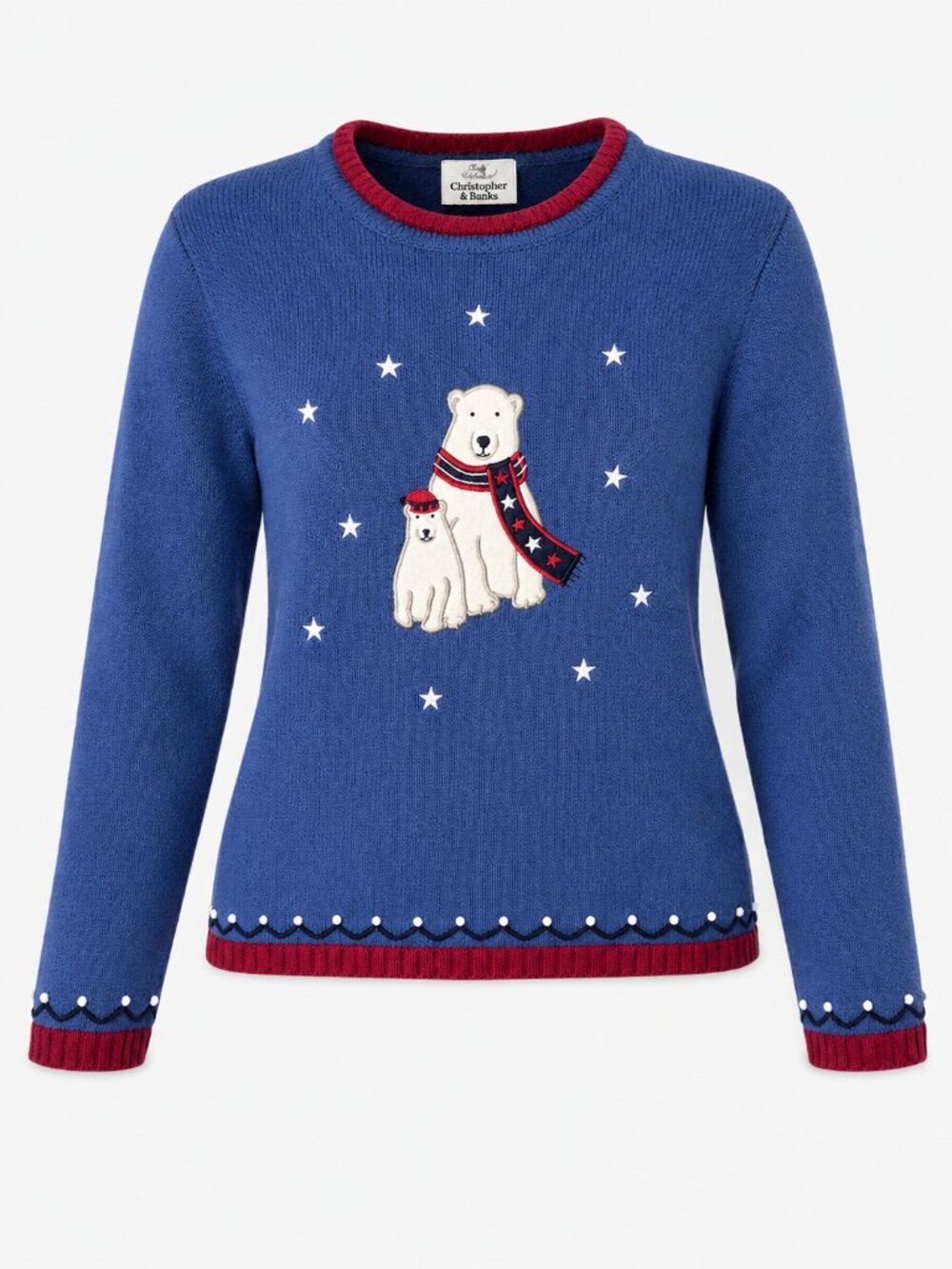 Christopher & Banks Polar Bear Christmas Sweater Blue Red Embroidered Stars S